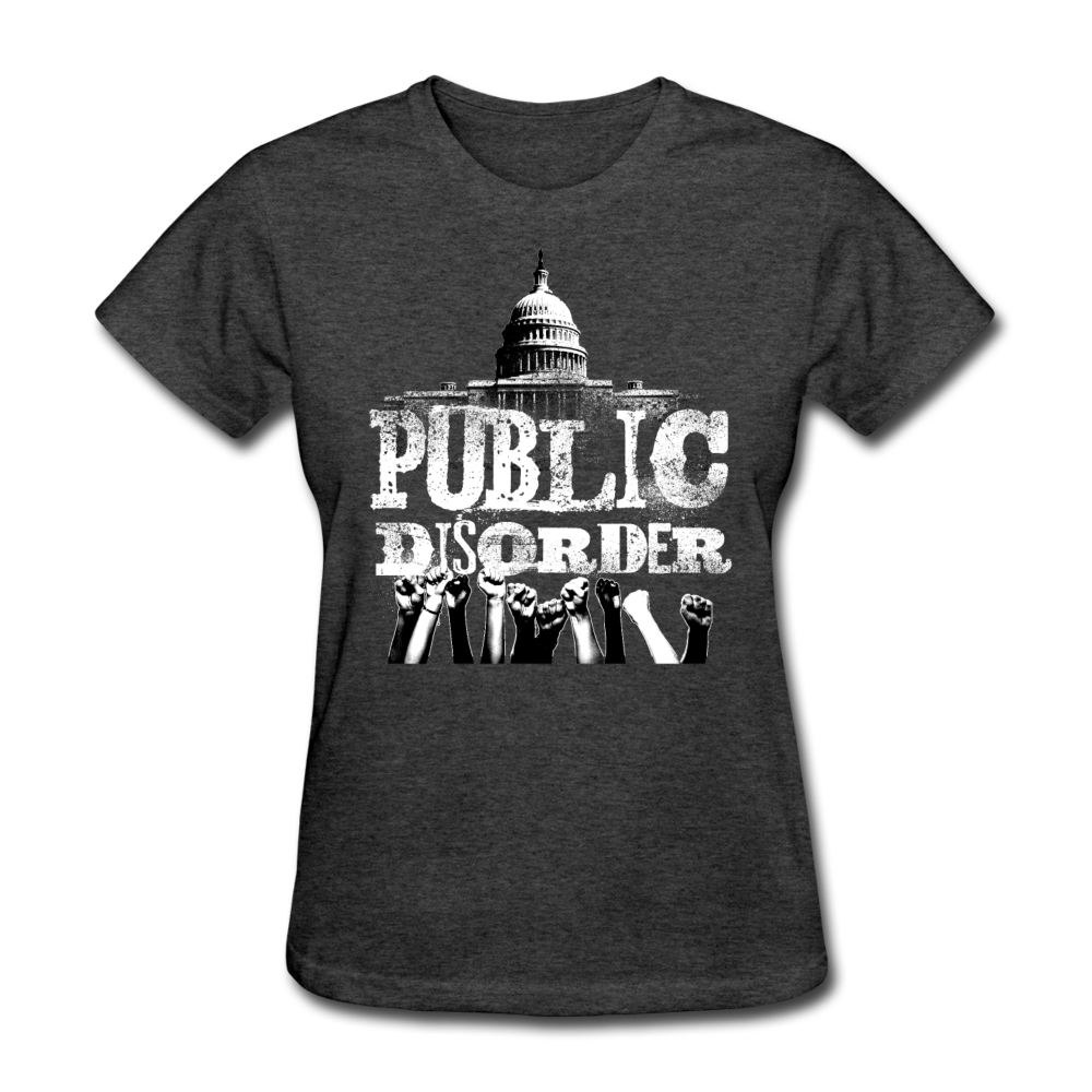 Women's T-Shirt- "Public Disorder" with Rising Fists - heather black