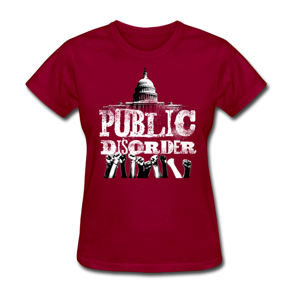 Women's T-Shirt- "Public Disorder" with Rising Fists - dark red