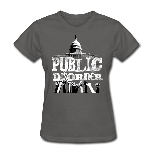 Women's T-Shirt- "Public Disorder" with Rising Fists - charcoal