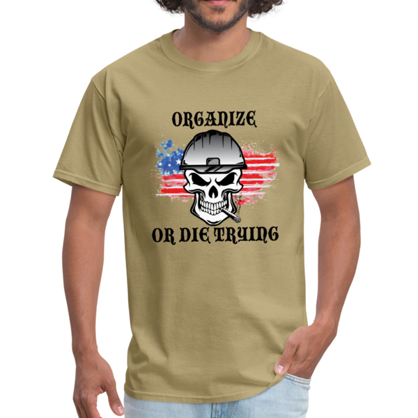 Men's T-Shirt-"Organize or Die Trying" with flag - khaki