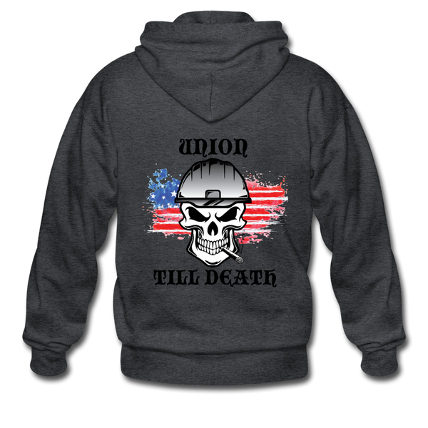 Adult Zip Hoodie-"Union till Death" with flag - deep heather
