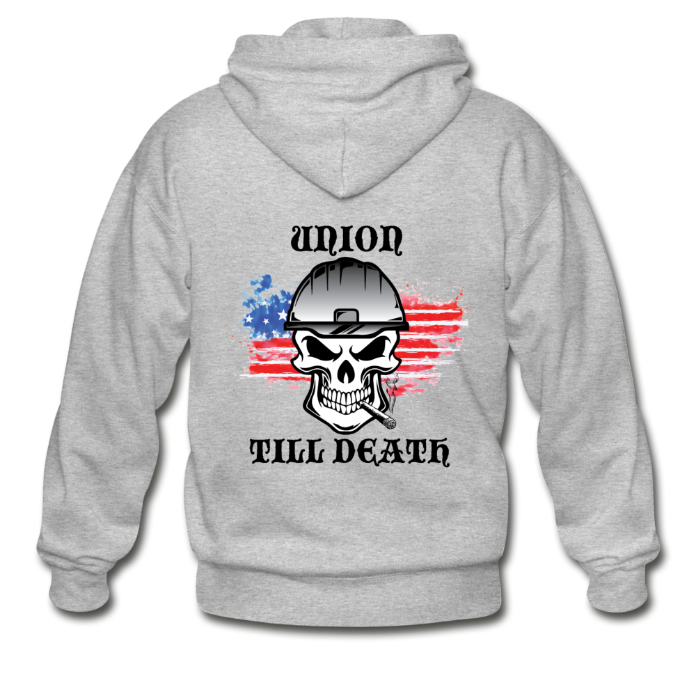Adult Zip Hoodie-"Union till Death" with flag - heather gray