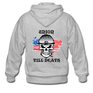 Adult Zip Hoodie-"Union till Death" with flag - heather gray
