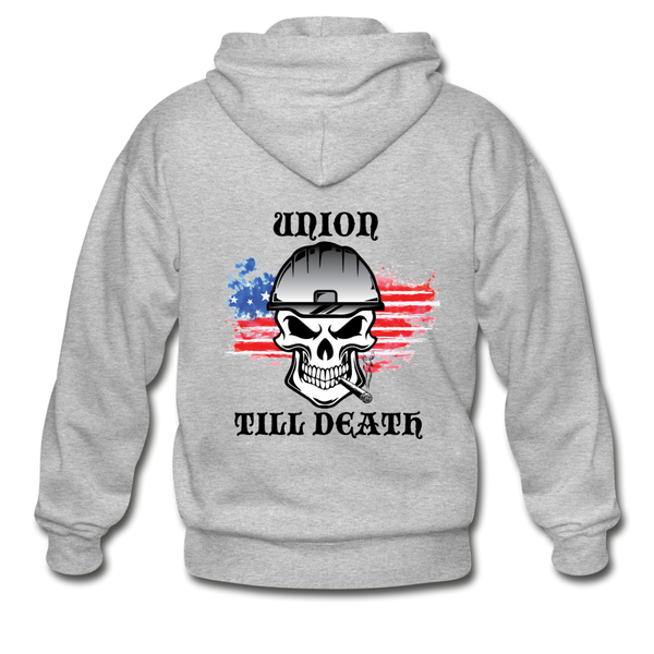 Adult Zip Hoodie-"Union till Death" with flag - heather gray