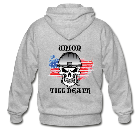 Adult Zip Hoodie-"Union till Death" with flag - heather gray