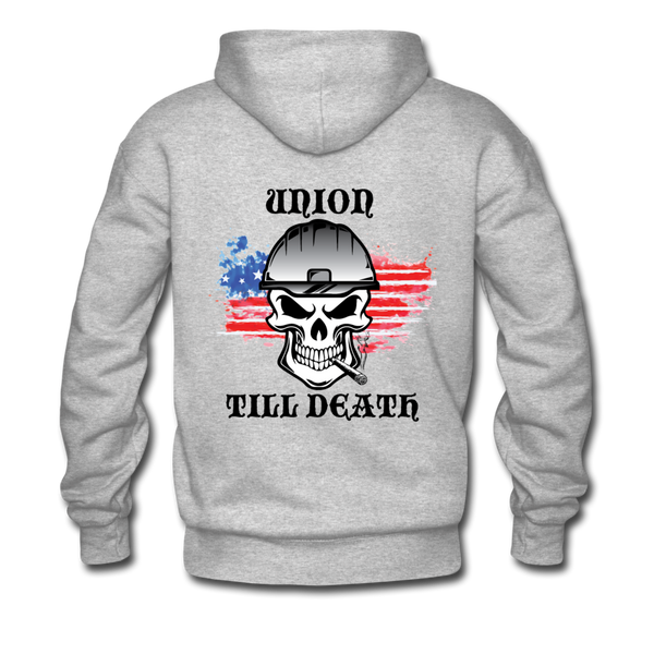 Men's Pullover Hoodie- "Union till Death with Flag" - heather gray