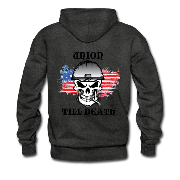 Men's Pullover Hoodie- "Union till Death with Flag" - charcoal gray