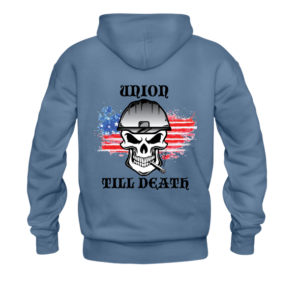 Men's Pullover Hoodie- "Union till Death with Flag" - denim blue