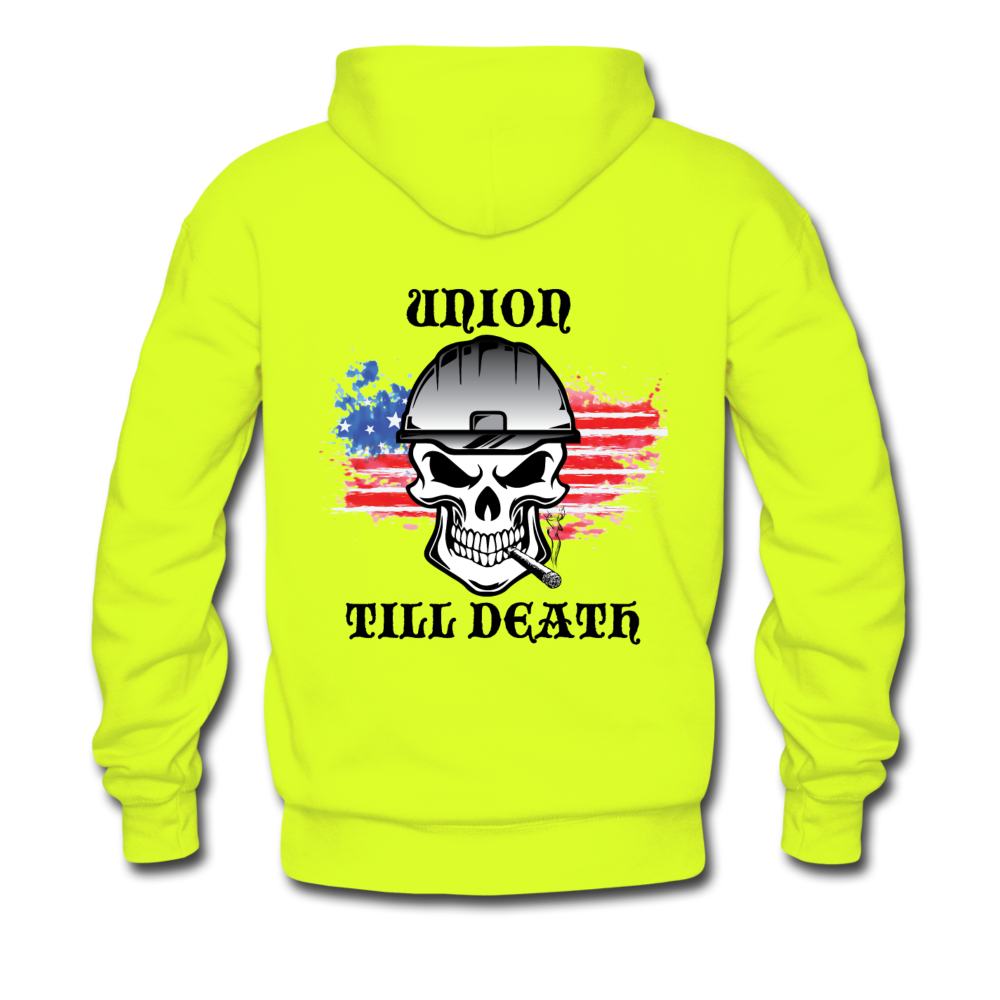 Men's Pullover Hoodie- "Union till Death with Flag" - safety green