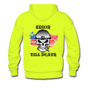 Men's Pullover Hoodie- "Union till Death with Flag" - safety green