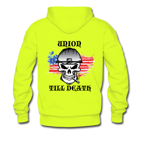 Men's Pullover Hoodie- "Union till Death with Flag" - safety green