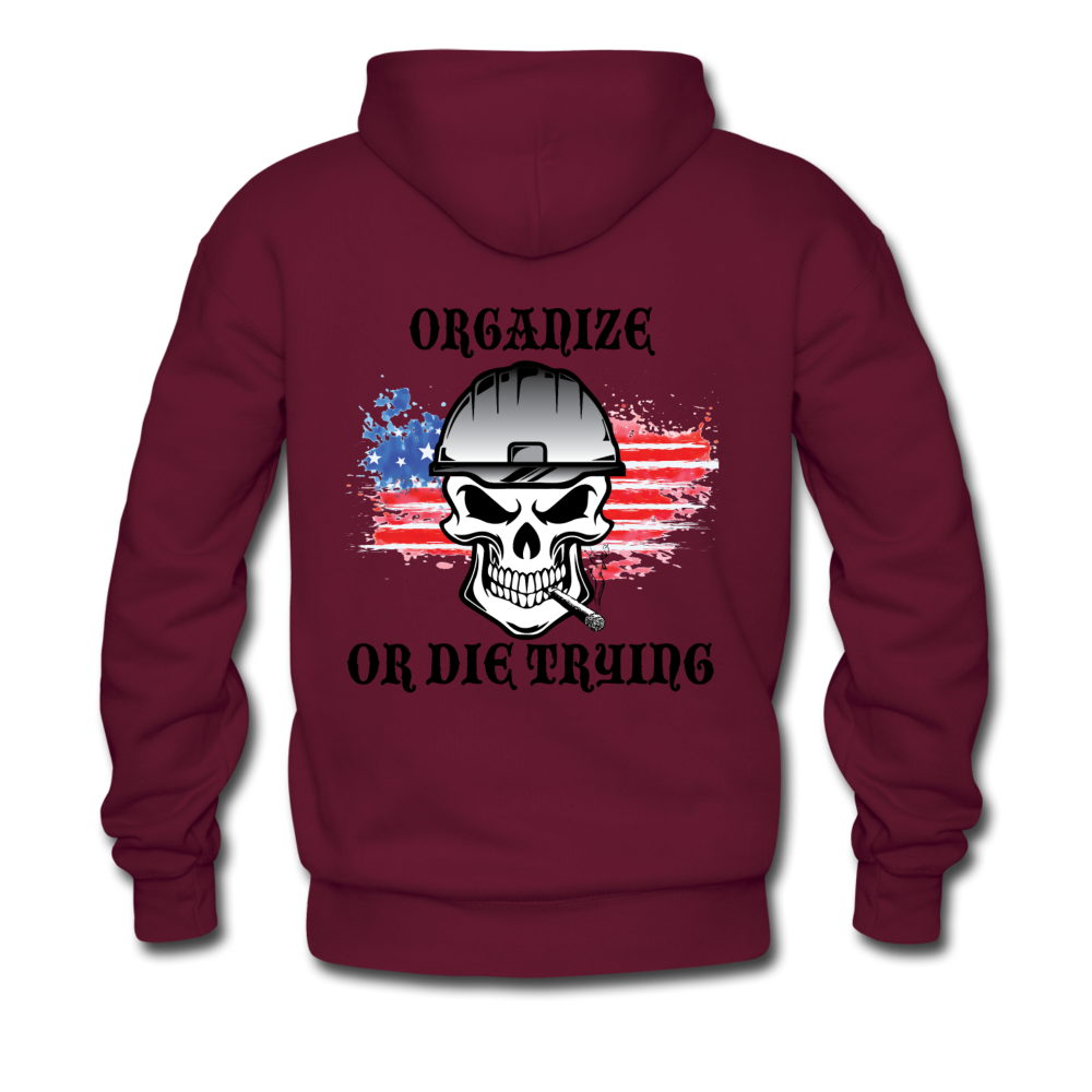 Men's Pullover Hoodie-"Organize or Die Trying" with flag - burgundy