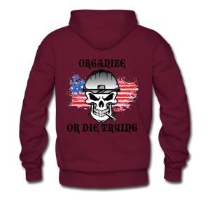 Men's Pullover Hoodie-"Organize or Die Trying" with flag - burgundy