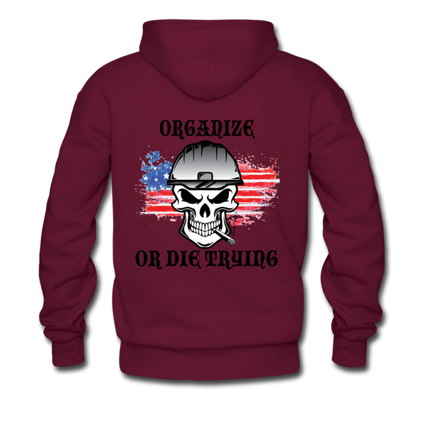 Men's Pullover Hoodie-"Organize or Die Trying" with flag - burgundy