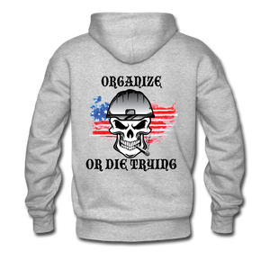 Men's Pullover Hoodie-"Organize or Die Trying" with flag - heather gray
