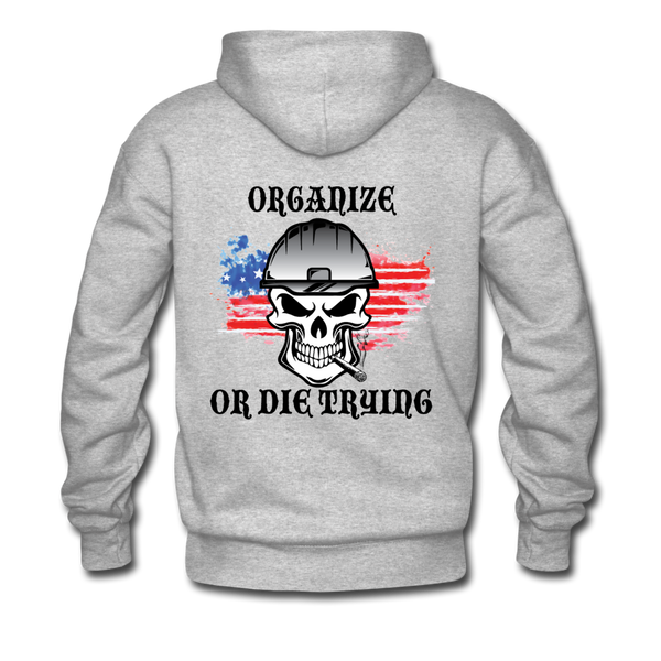 Men's Pullover Hoodie-"Organize or Die Trying" with flag - heather gray