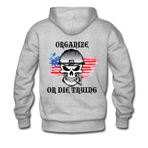 Men's Pullover Hoodie-"Organize or Die Trying" with flag - heather gray