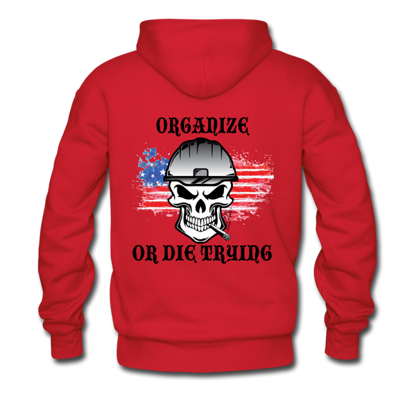 Men's Pullover Hoodie-"Organize or Die Trying" with flag - red