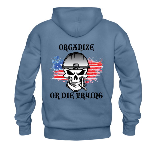 Men's Pullover Hoodie-"Organize or Die Trying" with flag - denim blue