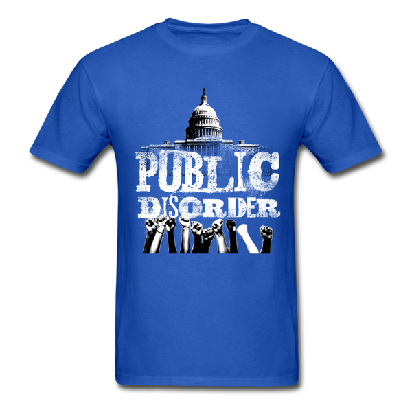 Men's T-Shirt- "Public DIsorder" with  Rising Fists - royal blue
