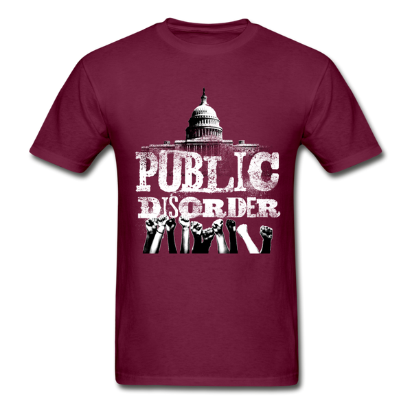 Men's T-Shirt- "Public DIsorder" with  Rising Fists - burgundy