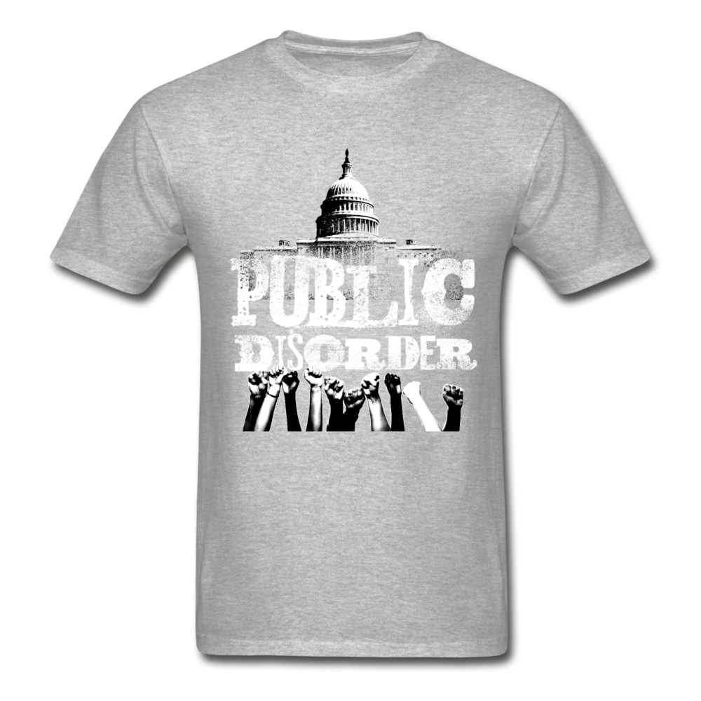 Men's T-Shirt- "Public DIsorder" with  Rising Fists - heather gray