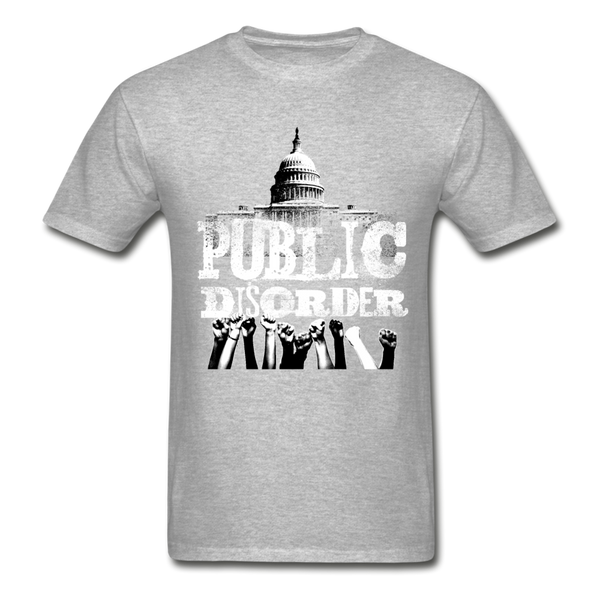 Men's T-Shirt- "Public DIsorder" with  Rising Fists - heather gray