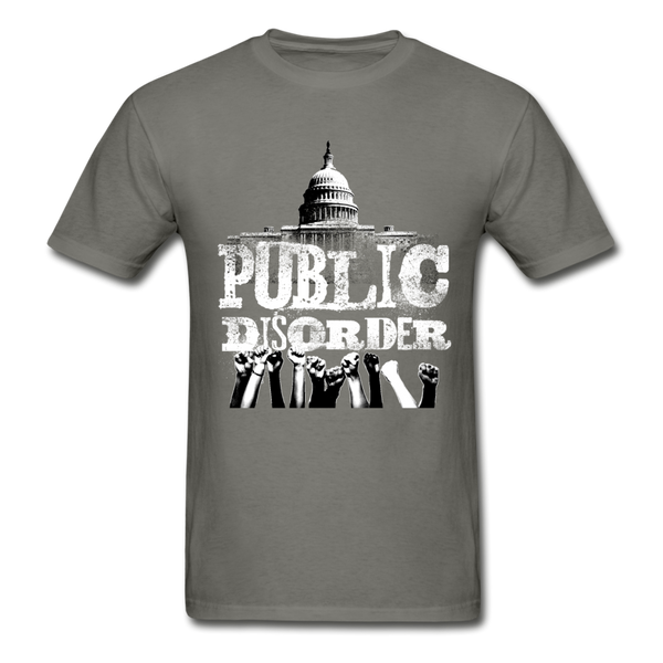 Men's T-Shirt- "Public DIsorder" with  Rising Fists - charcoal