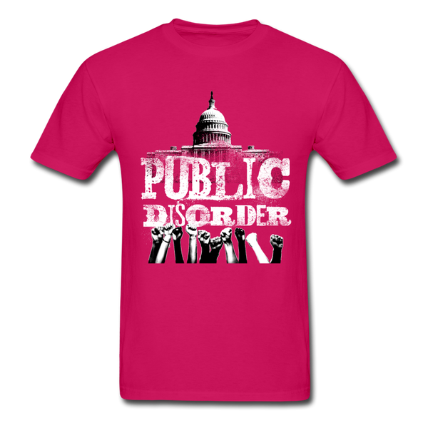 Men's T-Shirt- "Public DIsorder" with  Rising Fists - fuchsia