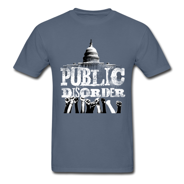 Men's T-Shirt- "Public DIsorder" with  Rising Fists - denim