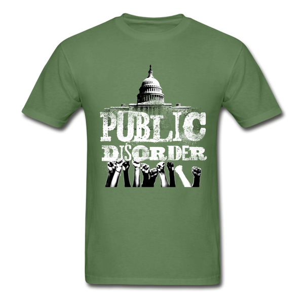 Men's T-Shirt- "Public DIsorder" with  Rising Fists - military green