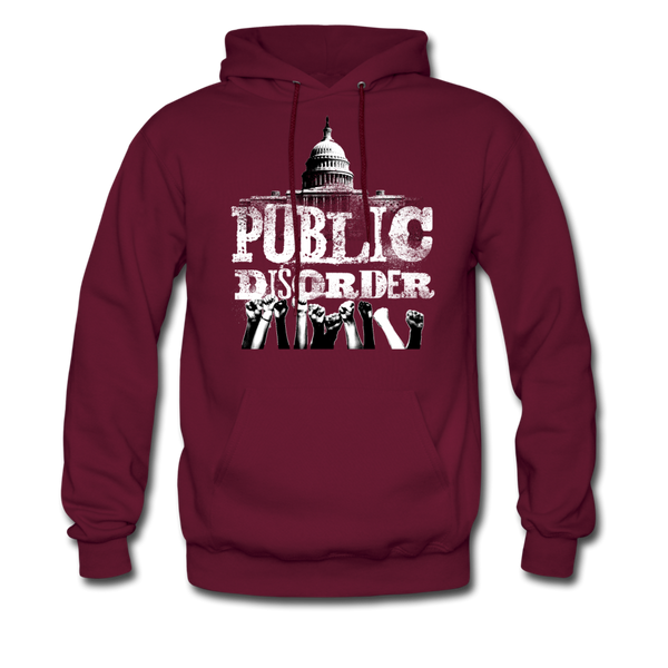 Men's Pullover Hoodie- "Public Disorder" with Rising Fists - burgundy