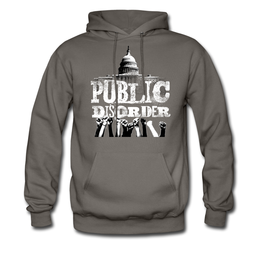 Men's Pullover Hoodie- "Public Disorder" with Rising Fists - asphalt gray