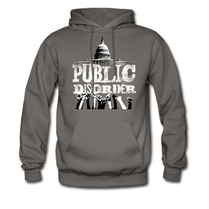 Men's Pullover Hoodie- "Public Disorder" with Rising Fists - asphalt gray