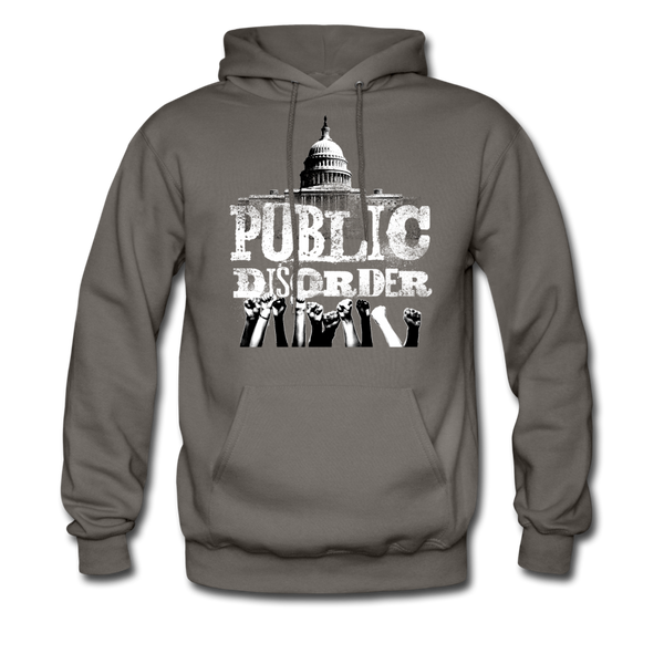 Men's Pullover Hoodie- "Public Disorder" with Rising Fists - asphalt gray
