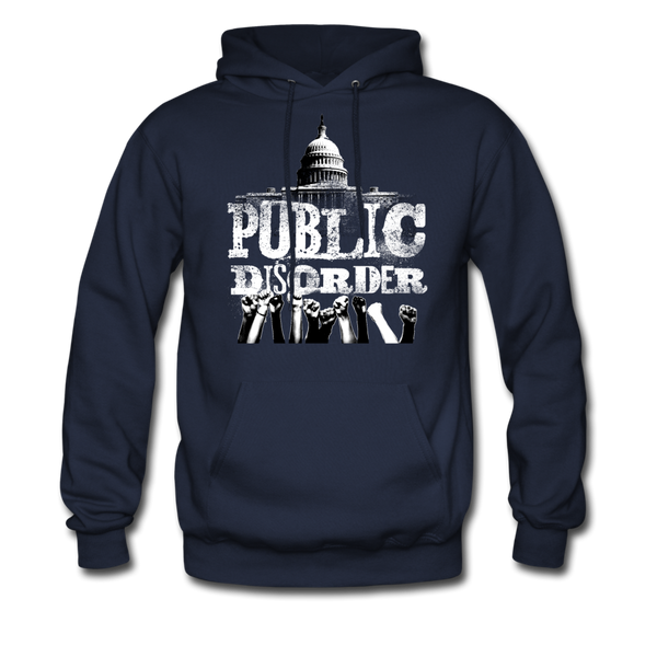 Men's Pullover Hoodie- "Public Disorder" with Rising Fists - navy