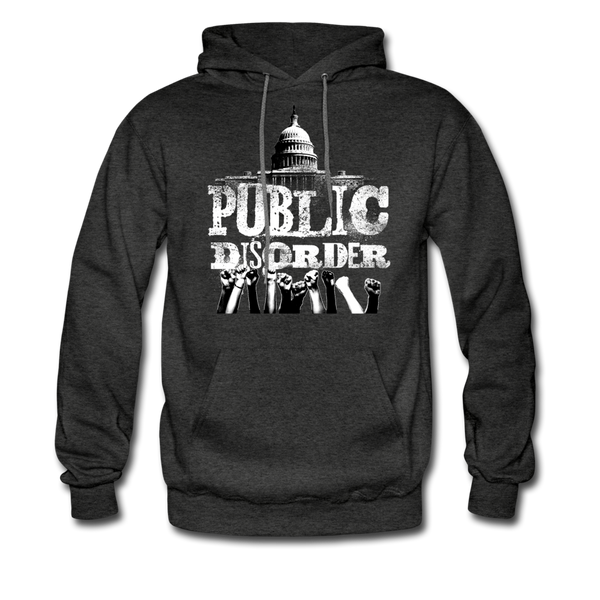 Men's Pullover Hoodie- "Public Disorder" with Rising Fists - charcoal gray