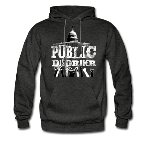 Men's Pullover Hoodie- "Public Disorder" with Rising Fists - charcoal gray